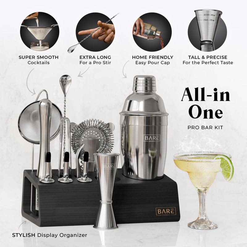 BARE BARREL Mixology Bartender Kit Bar Set | 14-Piece Cocktail Shaker Set | Martini Barware Mixing Tools for Home Bartending | Incl. 35 Recipe Cards | Gift Set (24oz Cobbler Shaker  Silver/Black) - Image 2
